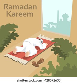Muslim Man Pray On Carpet Ramadan Kareem Mosque Religion Holy Month Vector Illustration