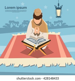 Muslim Man Pray Open Koran Ramadan Kareem Religion Holy Month Vector Illustration