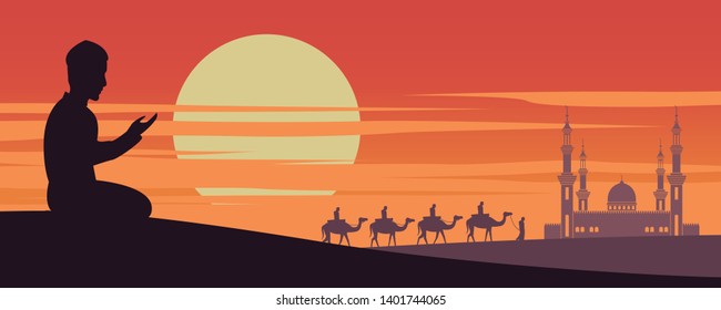 Muslim man pray while caravan Muslim ride camel to mosque of Dubai on sunset time,the tradition of Arabian,silhouette design,vector illustration