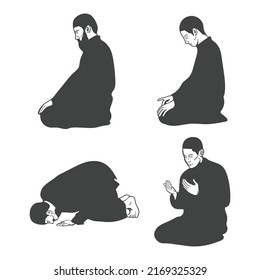 Muslim man pray while sitting. Silhouette icon set