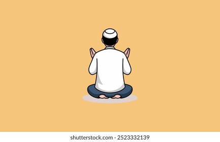 Muslim man in prayer from behind, hands raised in supplication