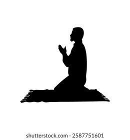 Muslim man with prayer mat hand up silhouette vector flat illustration design on white background.