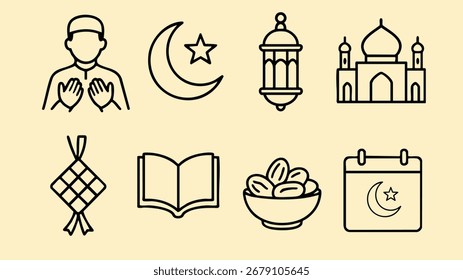 Hombre musulmán oración luna linterna mezquita ketupat corán fecha icono