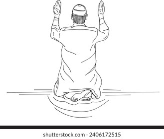Moslemische Gebetskizze im Hintergrund, Zurschaustellung eines Menschen mit traditionellem Kleiderbeten, Cartoon-Zeichnung des muslimischen Mannes im Gebet, von hinten posiert