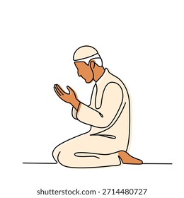 Ein muslimischer Mann, der während des Ramadan-Feiertages auf einer Gebetsmatte zu Allah betet. Flache Vektorgrafik einzeln auf weißem Hintergrund im linearen Stil.