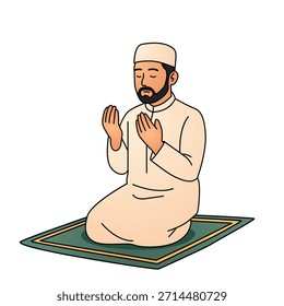 A Muslim man praying to Allah on a prayer mat during the Ramadan holiday. Flat vector illustration isolated on white background in linear style.