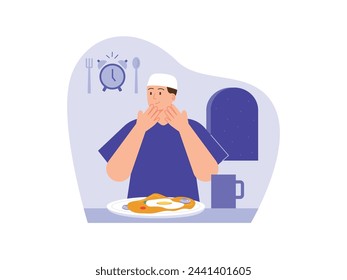 Muslim man praying before eating suhoor in the month of Ramadan. Character design. Vector flat illustration