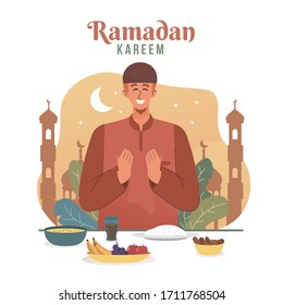 Muslim man praying before having iftar. Ramadan kareem flat cartoon character illustration