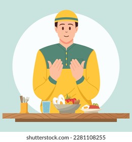 Hombre musulmán rezando antes de tener iftar. Ilustración de caricaturas planas de Ramadan kareem