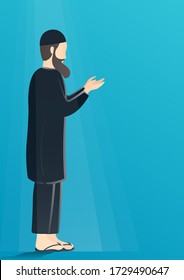 musulmán rezando con fondo azul. concepto religioso y de fe. concepto de casa de culto y ramadan kareem ilustración vectorial plana