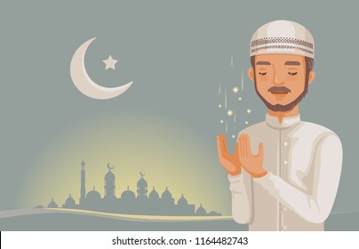 muslim man praying with blue sky, moon  and stars. mosque in shadow background.  Arab handsome male, emblem for Islamic. Creative vector design for Islamic religious culture. Concept of faith.