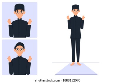 a Muslim man praying with both hands raised in one set. two of them can be used as an avatar profile. with two styles, namely wearing pray cap and not.