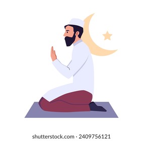 Muslim man praying, cartoon style vector illustration isolated on white background. Male character in traditional Islam clothes kneeling on a mat, hands folded in front. Design concept