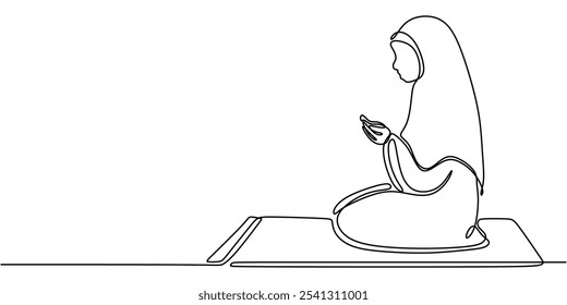 Muslim Man Praying. Continuous One Line Drawing Illustrating Religion Concept in Minimalist Design.