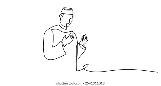 Muslim Man Praying. Continuous One Line Drawing Illustrating Religion Concept in Minimalist Design.