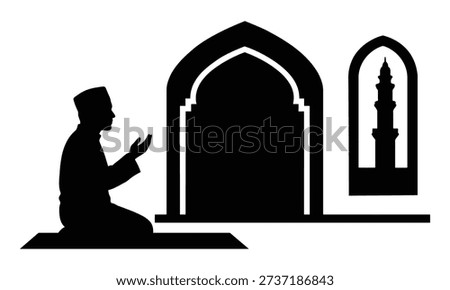 Muslim man praying dua inside mosque with mihrab and minaret silhouette, showing Islamic faith, devotion, and spirituality.