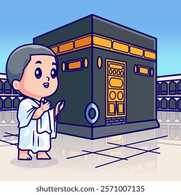 Muslim Man Praying in Front of Kaaba Cartoon Vector 
Illustration. Islamic Worship and Spirituality Concept Isolated 
Premium Vector. Flat Cartoon Style 