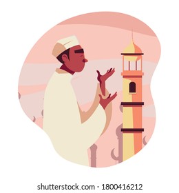 muslim man praying in front of mosque design, Islamic religion culture and belief theme Vector illustration