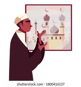muslim man praying in front of window with mosque design, Islamic religion culture and belief theme Vector illustration