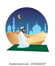 Muslim man praying to God mosque in desert dark sky vector poster