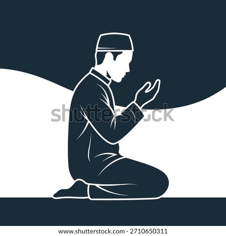 Muslim man praying with hands open in supplication. Seeking spiritual guidance and qibla direction. Religious devotion.