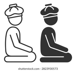 Muslim man praying icon set, line and solid style, religious symbol and spiritual concept on transparent background
