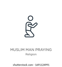 Hombre musulmán rezando ícono. Hombre delgado lineal musulmán rezando un ícono de contorno aislado en el fondo blanco de la colección religiosa. Signo vectorial de línea, símbolo para web y móvil