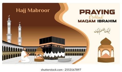 Un hombre musulmán rezando en la Kaaba en La Meca. Describe una profunda devoción durante el peregrinaje del Hayy, con una vista de Maqam Ibrahim. Concepto islámico del Hajj. Ilustración vectorial plana.