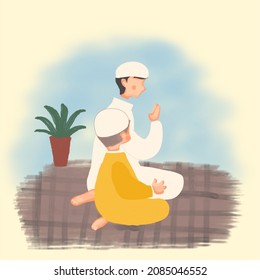 muslim man praying with kid