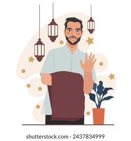 muslim man with praying mat shalat illustration
