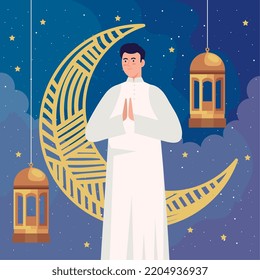 muslim man praying with moon