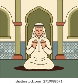 Muslim Man Praying in Mosque with Arabic Ornament Background, Flat Design Illustration