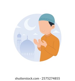 Muslim man praying with mosque and crescent cut out background