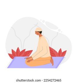 Muslim Man praying at mosque during Ramadhan Kareem. A boy shalat Illustration character design. Vector Illustration.