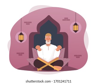 Muslim Man Praying In Mosque. Ramadan Kareem Flat Cartoon Character Illustration