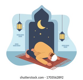Muslim man praying in mosque. Ramadan kareem flat cartoon character illustration