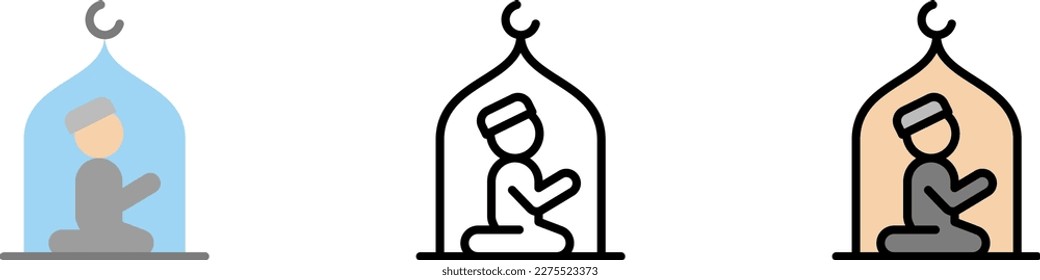 Muslim man praying mosque vector icon in different styles. Line, color, filled outline