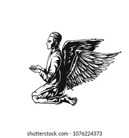 Muslim man praying ( Namaz, Islamic Prayer ) - Hand Drawn Sketch Vector Background.