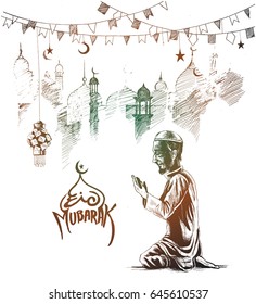 Muslim man praying ( Namaz, Islamic Prayer ) - Hand Drawn Sketch Vector Background.