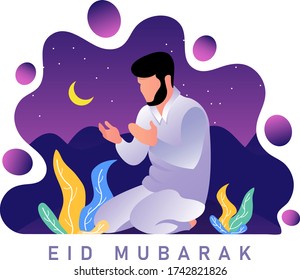 Muslim man praying at night. flat illustration with a gradient color. can be used for design elements, Web Landing Pages, Banners, Flyers, Stickers, Poster ,and other needs.