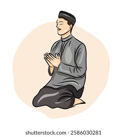  Muslim man praying at night with a mosque in the desert in the background. 