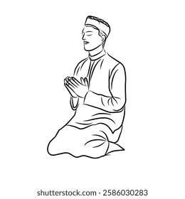  Muslim man praying at night with a mosque in the desert in the background. 