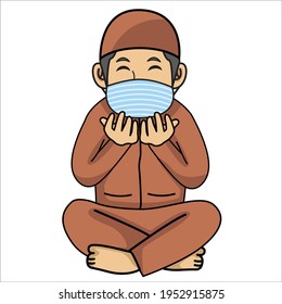 Muslim man praying at night, Ramadan month, using a mask and healthy protocol.Vector character illustration.