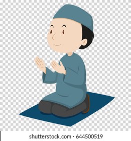 Muslim man praying on blue mat illustration