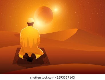 Muslim man praying on a mat in a vast desert under a glowing crescent moon. Dressed in traditional attire with a white taqiyah, surrounded by sand dunes, creating a peaceful and spiritual atmosphere