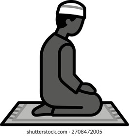 Hombre musulmán que reza en el diseño simple de la estera. Este icono islámico es ideal para la celebración del ramadán, eid al-fitr y eid al-adha. Joven practicando el Islam.