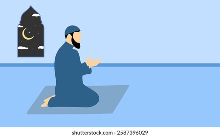 Muslim man praying on mate in the night, man with beard making dua in the masjid illustration 