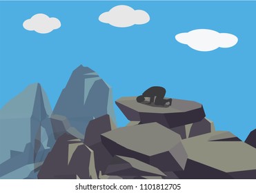 Muslim man praying on the mountain. Vector illustration