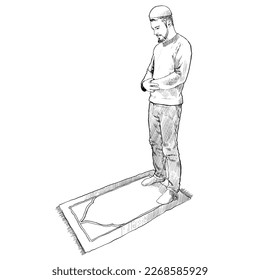 Muslim man praying on prayer mat worshiping Allah. Hand drawn pencil drawing. Vector illustration.