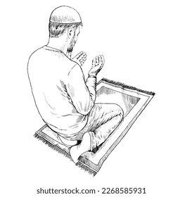 Muslim man praying on prayer mat worshiping Allah. Hand drawn pencil drawing. Vector illustration.